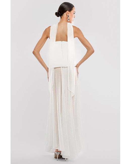 Goddiva Natural Scuba Boobtube Peplum Corset With Gathered A-Line Glitter Chiffon Maxi Skirt & Scarf