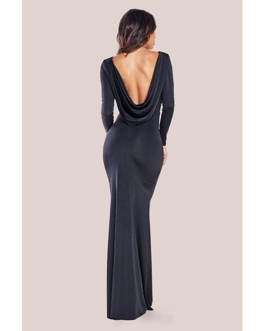 Goddiva Blue Diamante Fishnet Cowl Back Maxi