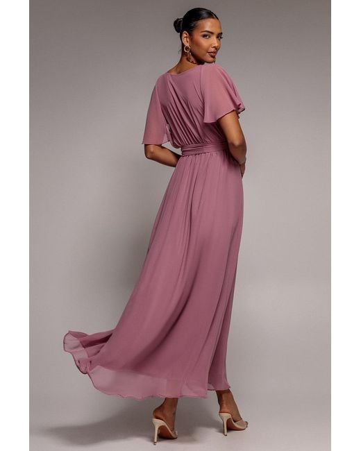 Goddiva Pink Sustainable Chiffon Flutter Sleeve Wrap Maxi Dress