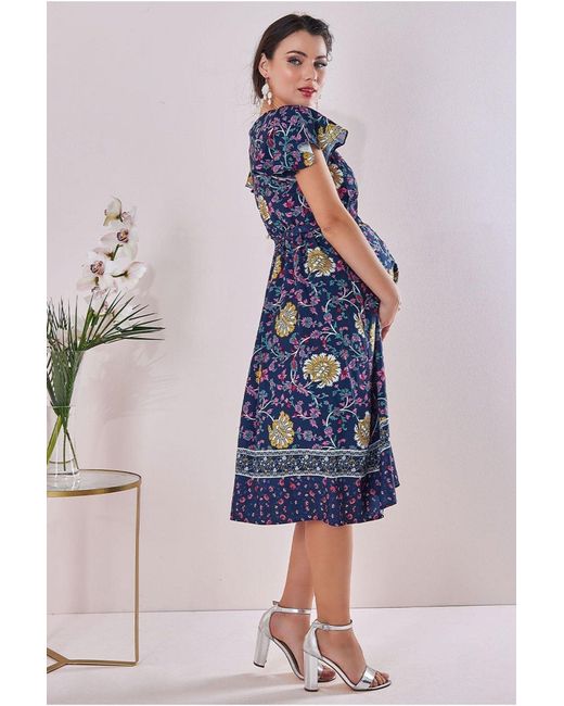 Goddiva Blue Maternity Floral Print Midi Print