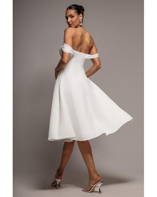 Goddiva Natural Sparkle Chiffon Cowl Bardot Skater Midi Dress