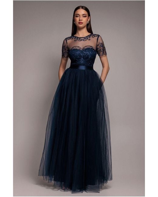 Goddiva Blue Embroidered Mesh Maxi Dress