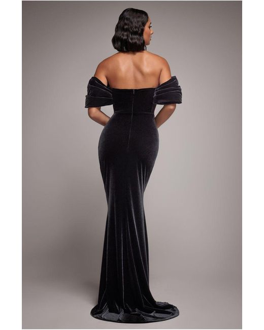 Goddiva Black Off The Shoulder Deep Plunge Velvet Maxi Dress