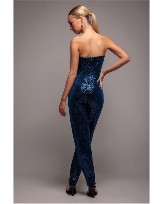 Goddiva Blue Sequin & Velvet Corset Jumpsuit