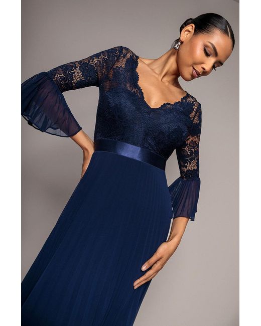 Goddiva Green Scalloped Lace Bodice Pleated Chiffon A Line Maxi Dress