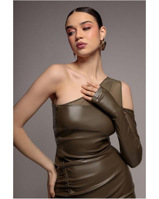 City Goddess Natural One Shoulder Faux Leather Mini Dress