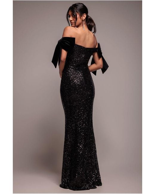 Goddiva Black Sequin Off The Shoulder Velvet Bow Maxi Dress