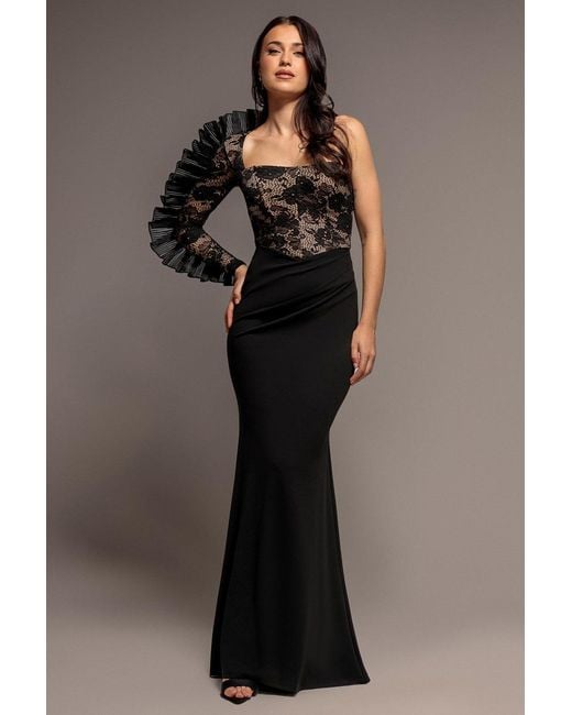 Goddiva Blue One Shoulder Organza Fan Detail Lace Bodice Maxi Dress