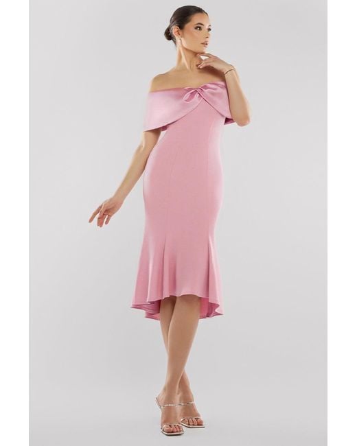 Goddiva Pink Twist Knot Satin & Scuba Bardot High Low Midi Dress
