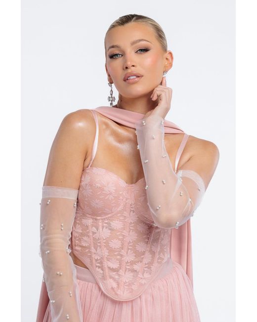 Goddiva Pink Embellished Fingerless Mesh Gloves