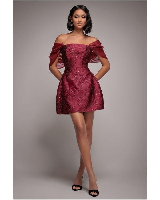 Goddiva Brown Lace Up Jacquard Mini Dress With Organza Wings