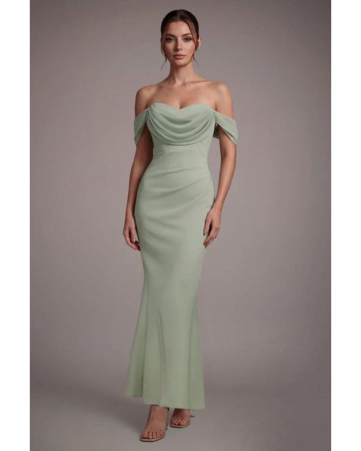 Goddiva Gray Petite Bardot Scuba & Chiffon Cowl Maxi Dress