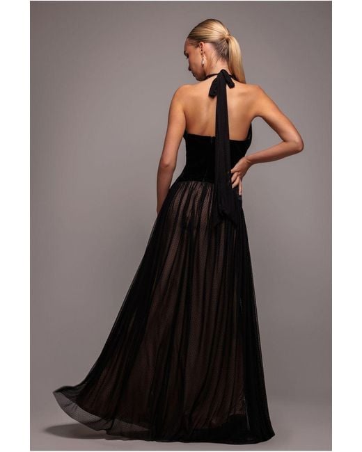 Goddiva Black Velvet And Dobby Mesh A Line Halter Maxi Dress