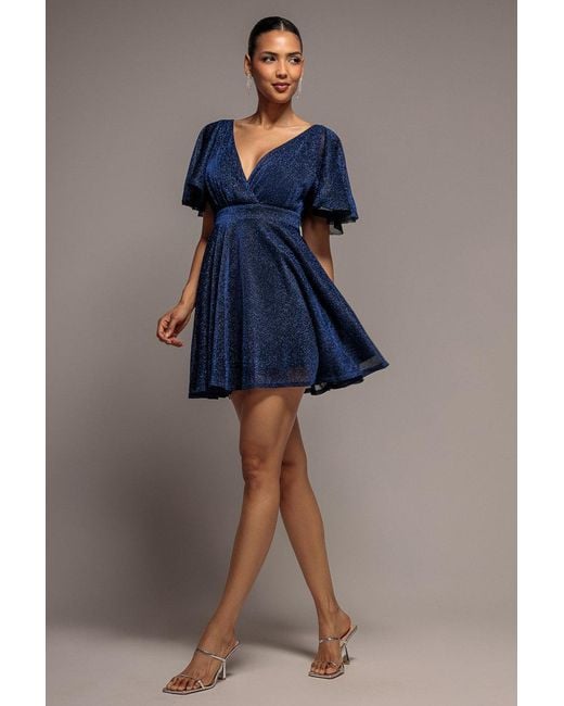 Goddiva Blue Sparkle Lurex Wrap Mini Skater Dress