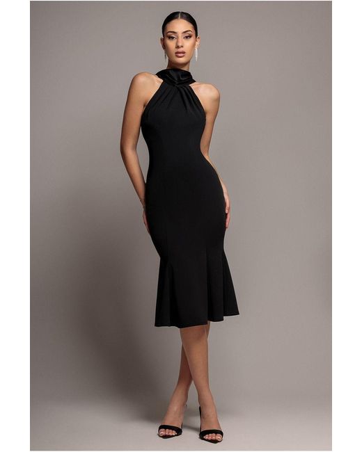 Goddiva Black Scuba & Soft Satin Halterneck Midi Dress With Back Sash