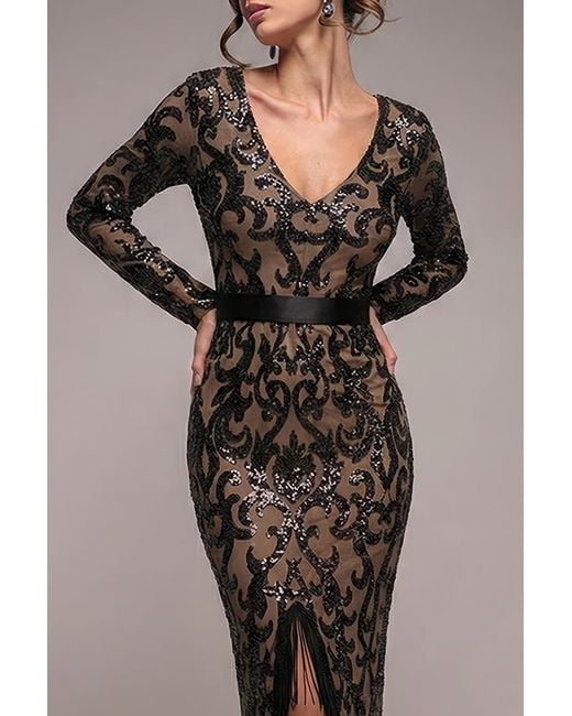 Goddiva Black Tassel & Sequin Maxi With Front Split