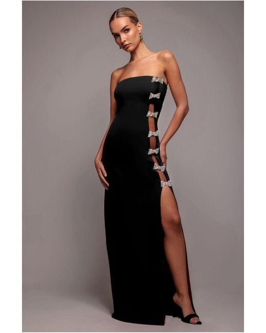 Goddiva Black Bow-Embellished Strapless Mermaid Maxi Dress