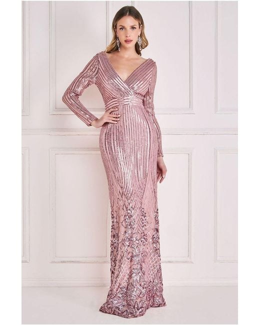 Goddiva Pink Long Sleeve Sequin V Wrap Maxi Dress