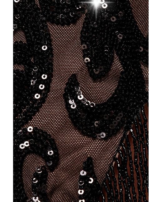 Goddiva Brown Embroidered Sequin Tassel Front Split Midaxi Dress