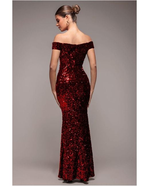 Goddiva Red Sequin Velvet Bardot Evening Maxi Dress