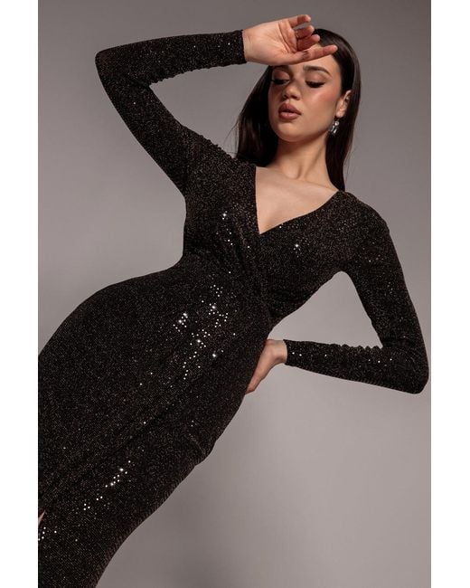 Goddiva Black Sequin Glitter Lurex Long Sleeve Wrap Maxi Dress