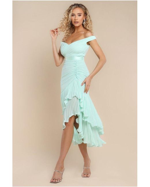 Goddiva Blue Pleated Bardot High Low Tier Chiffon Midaxi Dress
