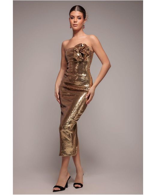 Goddiva Metallic Liquid Sequin Boobtube Midaxi With Corsage