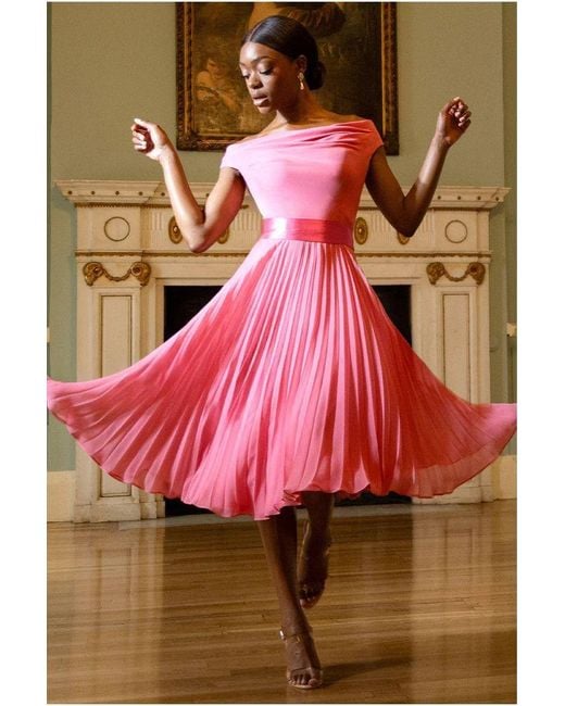Goddiva Red Cowl Neck Pleated A-Line Chiffon Midi Dress