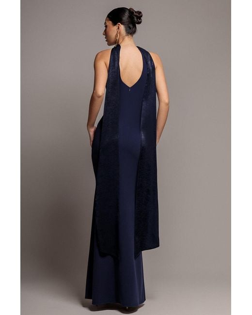 Goddiva Blue Scuba & Soft Satin Halterneck Maxi Dress With Back Sash