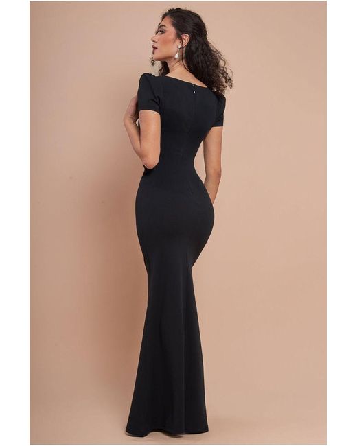 Goddiva Blue Diamante Embellished Bow Scuba Crepe Maxi Dress