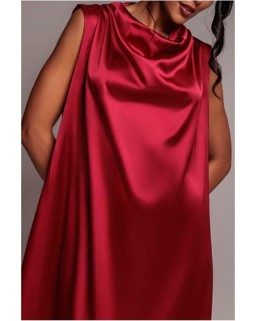 Goddiva Red Cowl Neck Back Wing Satin High Low Midi Dress
