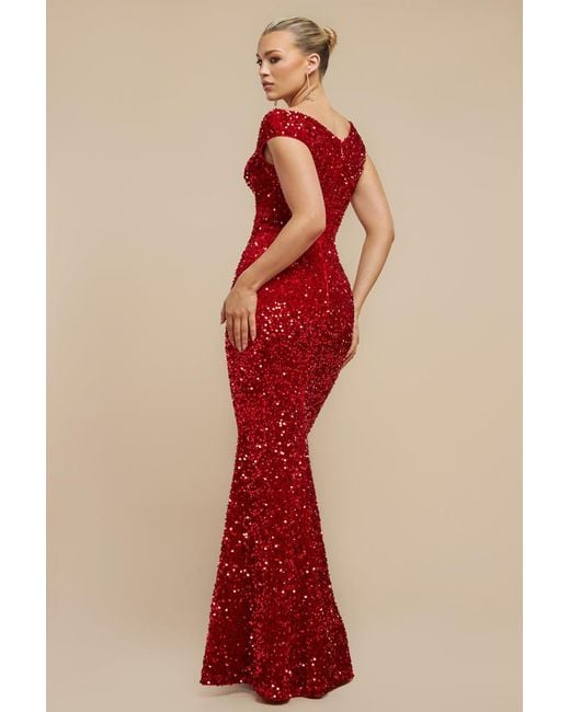 Goddiva Red Multi Sequin & Velvet Bardot Maxi Dress