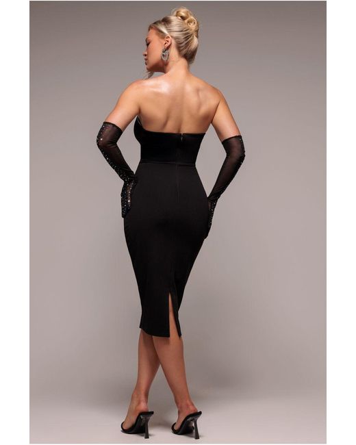 Goddiva Black Strapless Super Plunge Diamante Neck Midi Dress