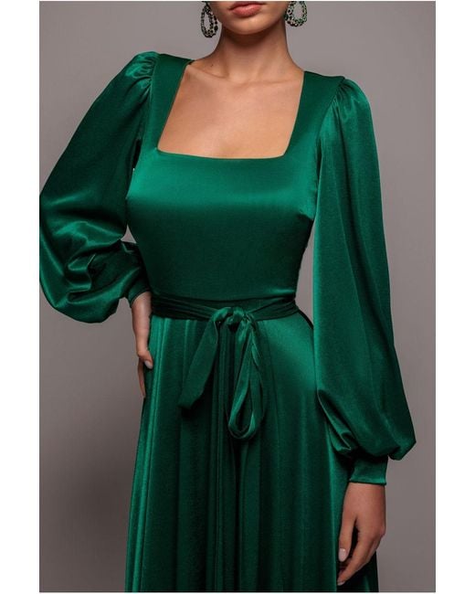 Goddiva Green Satin Square Neck Bishop Sleeve A Line Maxi Dress