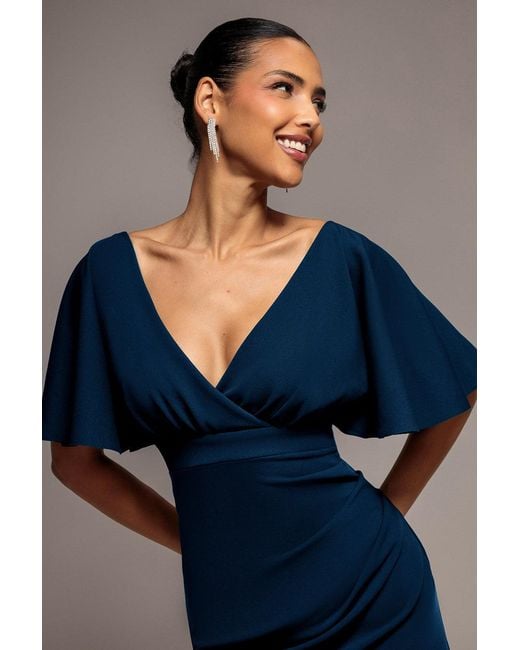 Goddiva Blue Flutter Sleeve Wrap Midi Dress