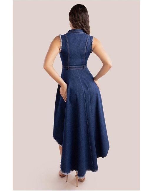 Goddiva Blue Denim Sleeveless High And Low Midaxi Dress