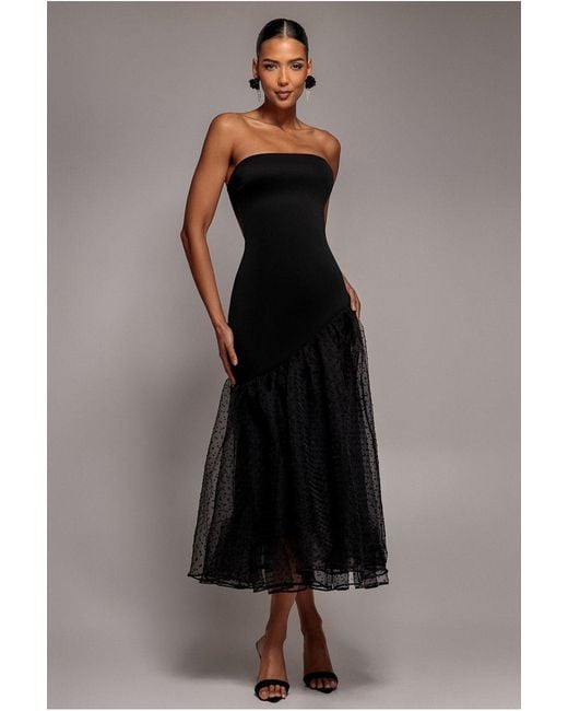 Goddiva Black Strapless Asymmetric Tiered Midaxi Dress