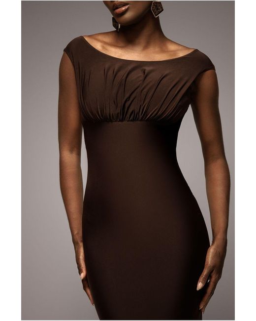 Goddiva Brown Open Back Cowl Neck Gathered Maxi Dress With Velvet Tie Back