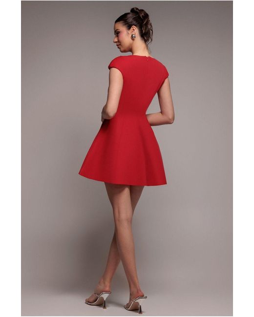 Goddiva Red Cap Sleeve Plunging V-Neckline Skater Mini Dress