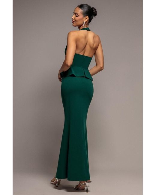 Goddiva Green Peplum Halter Neck Maxi Dress With Diamante Buckle