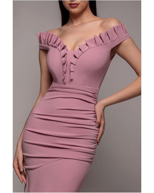 Goddiva Pink Off The Shoulder Frill Gathered Maxi Dress
