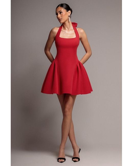 Goddiva Red Corset Fit And Flare Halter Neck Skater Mini Dress