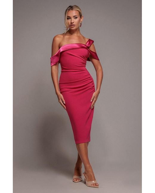 Goddiva Pink One Shoulder Satin Band Bodycon Midi Dress