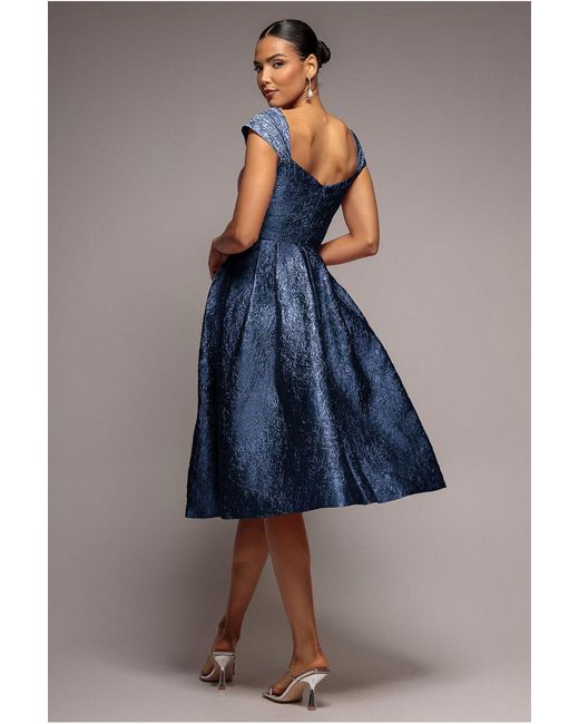 Goddiva Blue Crushed Satin Sleeveless A Line Midi Dress