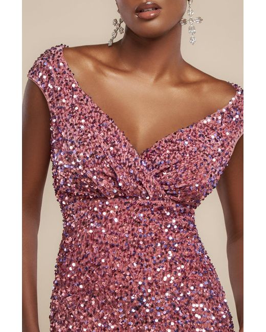 Goddiva Red Multi Sequin & Velvet Bardot Maxi Dress