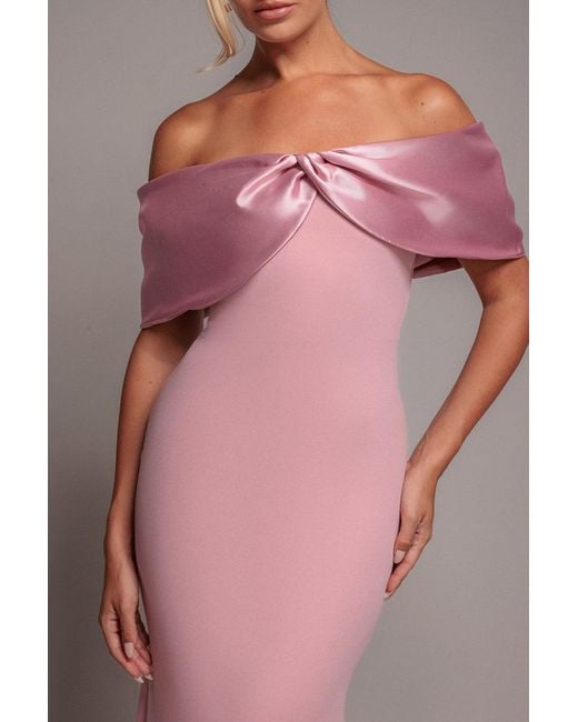 Goddiva Pink Twist Knot Satin & Scuba Bardot Maxi Dress