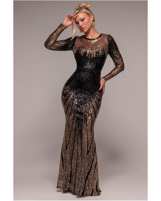 Goddiva Natural Long Sleeve Aztec Sequin Maxi