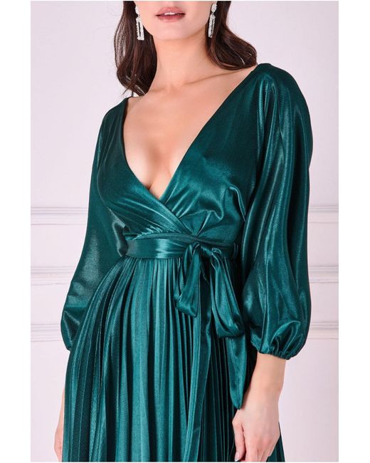 Goddiva Green Satin Pleated Skirt Wrap Midi Dress