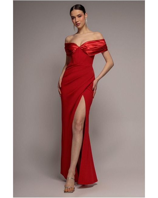 Goddiva Red Satin & Scuba Off The Shoulder Maxi Dress