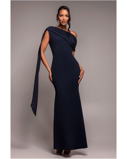 Goddiva Blue Sash One Shoulder Bardot Maxi Dress